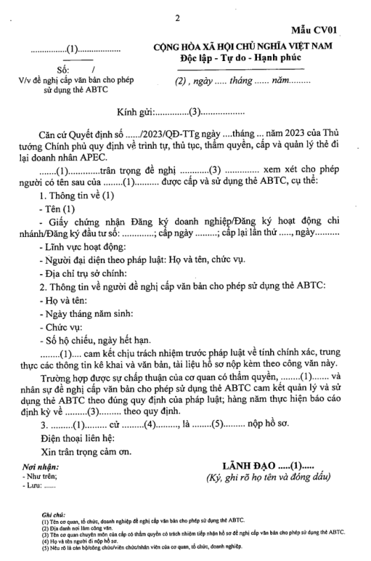 Hướng dẫn điền thông tin mẫu công văn CV01